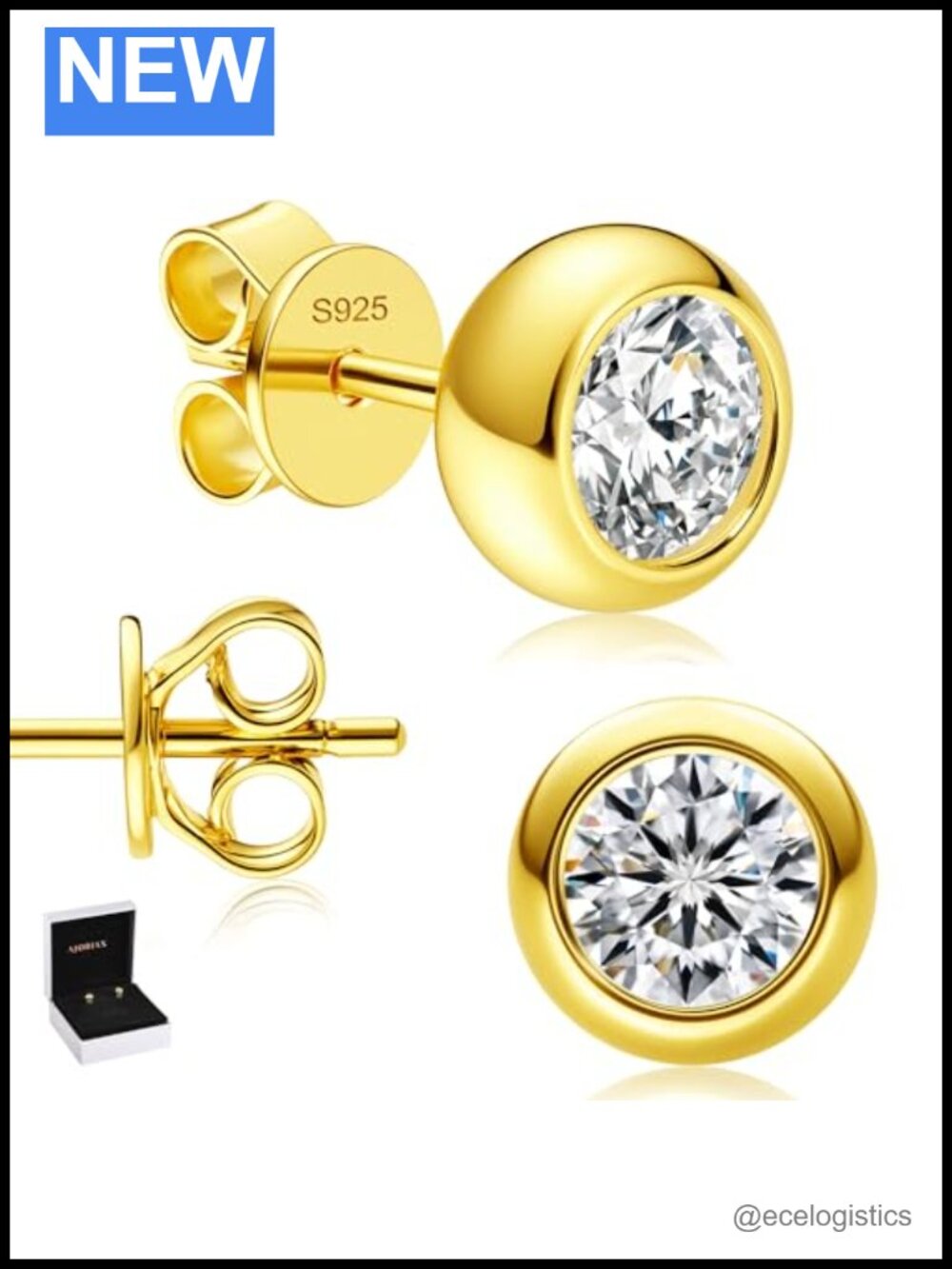 Moissanite Stud Earrings 14K Gold Plated S925 Sterling Silver Hypoallergenic